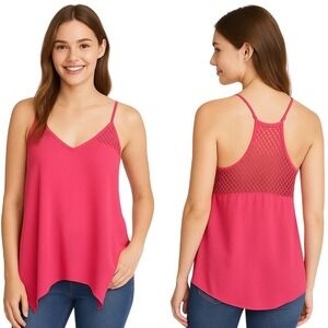 Bloom + Pop Neon Fuchsia Crochet Detail Adjustable Strap Asymmetrical Hem Tank M